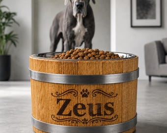 Personalized 5L Wooden Dog Bowl, Large Breed Oak Feeder With Removable Stainless Steel Insert, Custom Engraved Pet Bowl Gift