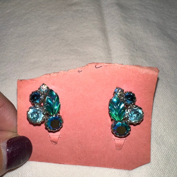 Weiss green blue and iridescent rhinestone earrin… - image 1