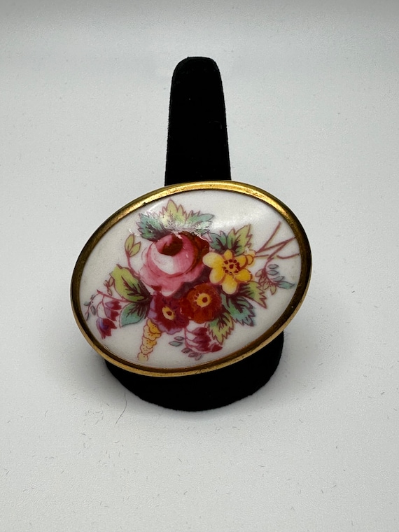 Vintage Signed ROYAL WORCESTER England Fine Bone China Goldtone flowers Brooch