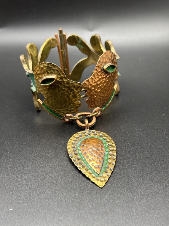 Casa Maya Mexico Kiss design copper brass and green enamel bracelet