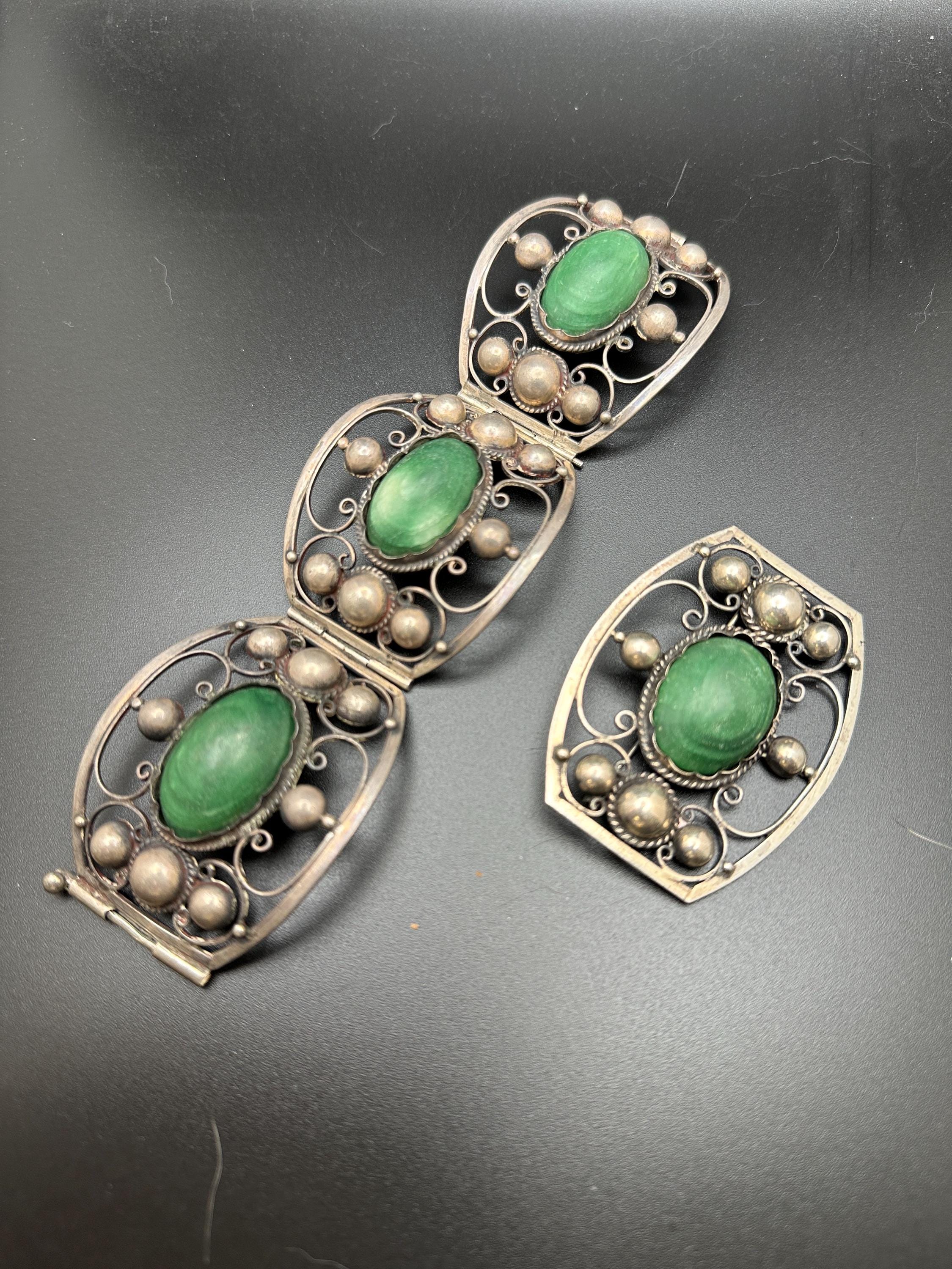 Old Mexican 900 Silver and Jadeite Bracelet and Pin Set - Etsy
