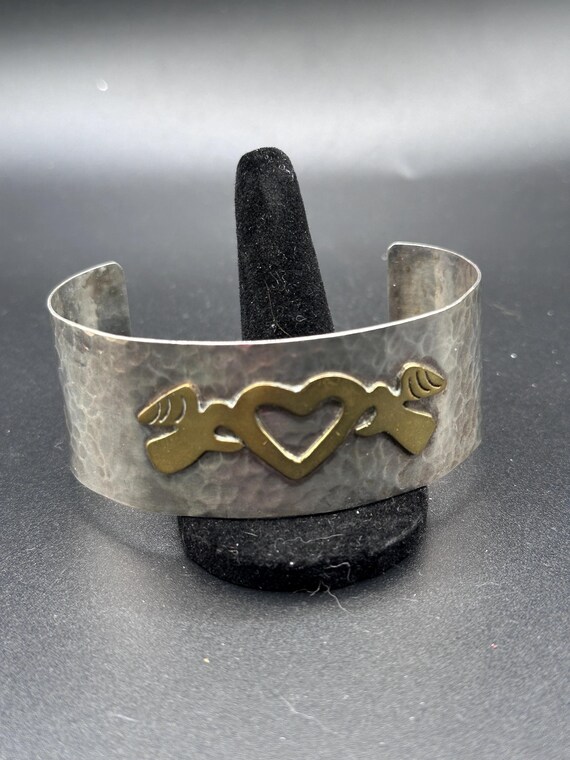 Mexican hammered sterling silver heart and angels cuff bracelet