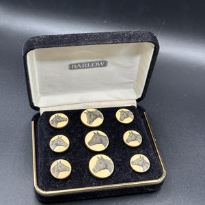 Puede incluir: Un conjunto de nueve botones redondos de tono dorado con diseños de cabezas de caballo grabadas en negro, presentados en un estuche forrado de terciopelo negro con la marca BARLOW impresa en blanco en la tapa interior de la caja.