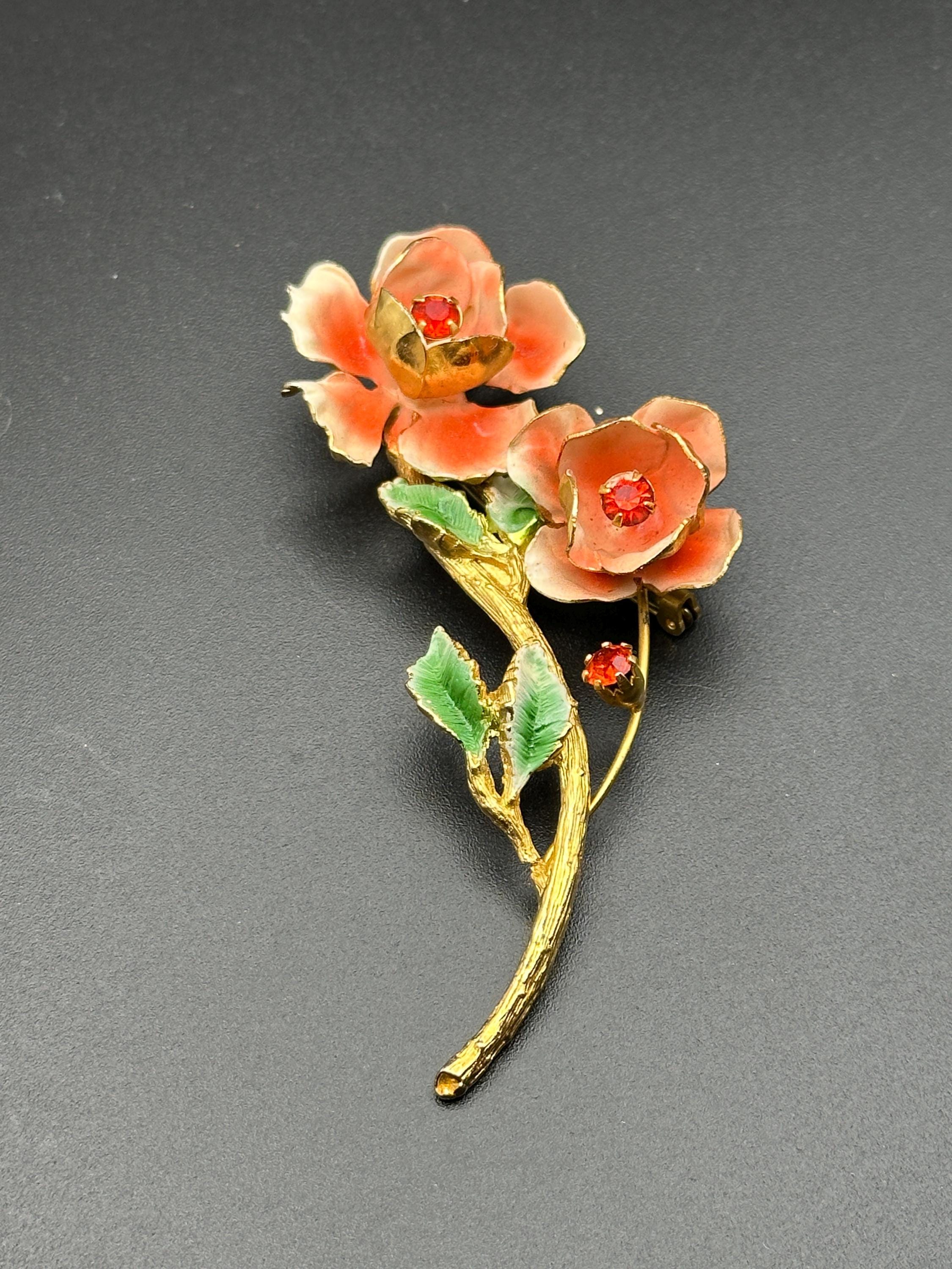 Lovely Austrian Coral Colored Flower Pin or Brooch With Red