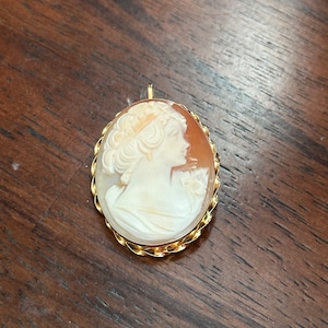 APA イタリア製シェルカメオ、14kt ゴールドフレームピンまたはペンダント付き