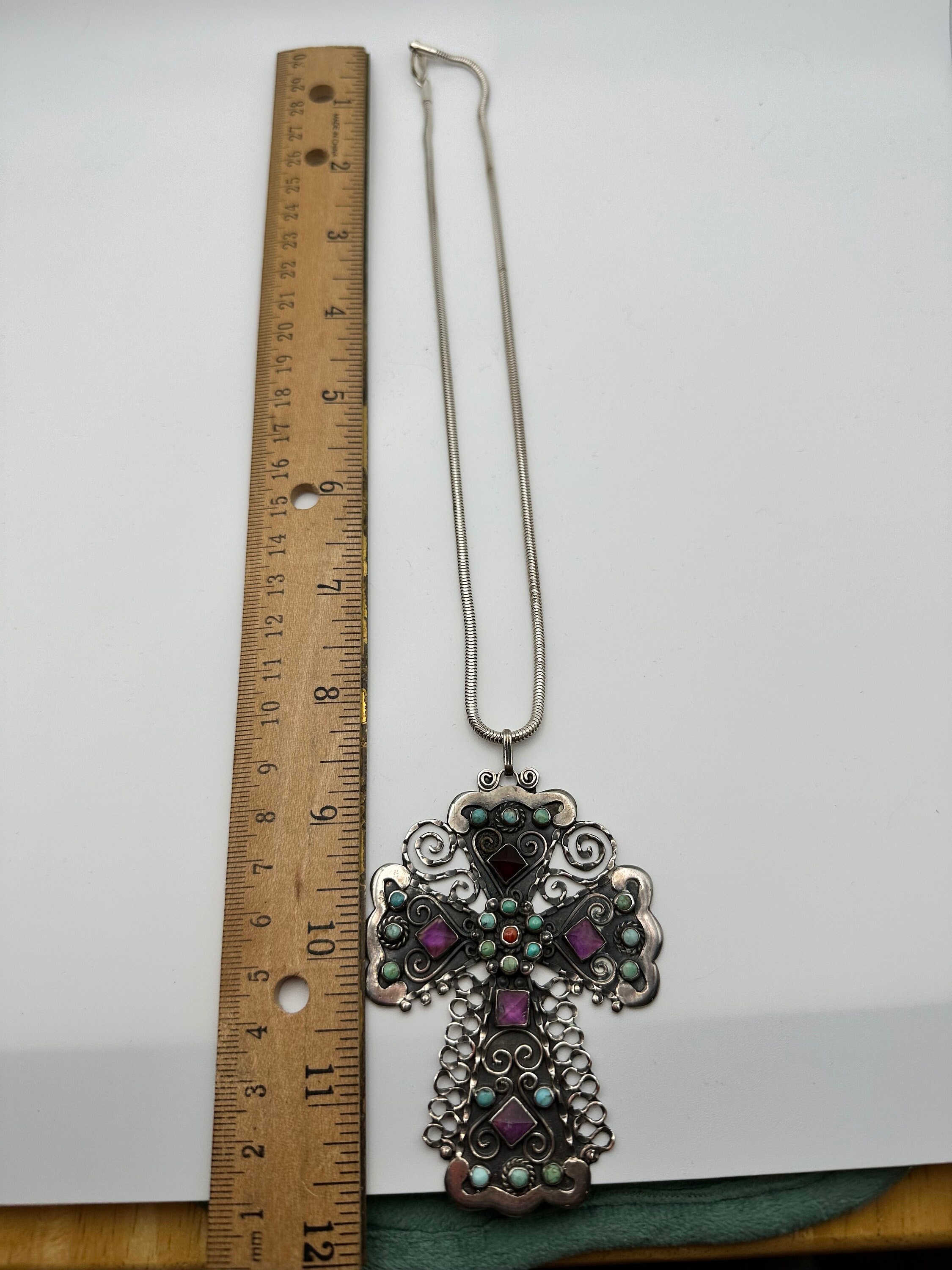Mexican Silver Multi Gemstone Cross Pendanlt