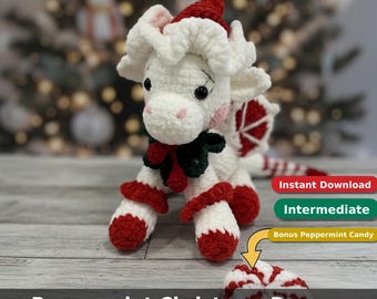 Modèle au crochet dragon de Noël, dragon canne en bonbon menthe poivrée, peluche amigurumi, intermédiaire, tutoriel PDF au crochet, patron PDF