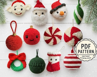 Lot de motifs de décoration de Noël au crochet (12 fichiers PDF) - boules de boules, bonbon à la menthe poivrée, guirlande, père Noël/bonhomme de neige/elfe, bas