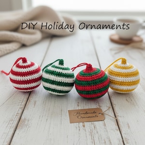 Crochet Bauble Ornament Pattern (PDF), Candy-Stripe Christmas Ball, Beginner Easy, Step Photos, Instant Download