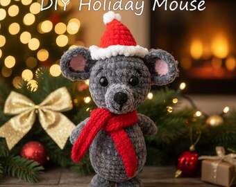 Motif souris de Noël au crochet, peluche souris Amigurumi, écharpe bonnet de père Noël, adapté aux débutants, photos étape, tutoriel PDF au crochet, modèle PDF