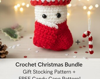 Ornement de bas cadeau, motif au crochet (PDF), mini chaussettes Amigurumi avec de jolis yeux, canne en bonbon en prime, adapté aux débutants, téléchargement immédiat