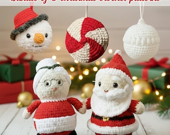 Lot de motifs de Noël au crochet (5 fichiers PDF) : Père Noël et Mme Noël, boule de Noël, bonbon à la menthe poivrée, tête de bonhomme de neige, tutoriel amigurumi