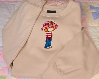 Strawberry Character Embroidered Crewneck Sweatshirt, Gift for Her, Unique, Nostalgia, Y2K Embroidery