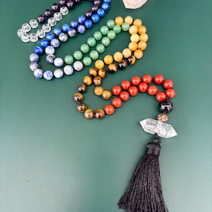 Chakra Crystal Mala Necklace Clear Quartz Pendant, Crystal Healing 108 Prayer beads Meditation Jewelry