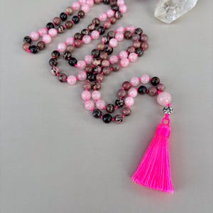 Rhodonite and Rose Quartz Mala Necklace: Crystal Healing Meditation Jewelry Prayer Beads 108