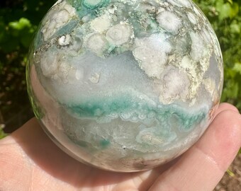 Gorgeous Large Green Flower Agate with Quartz Sphere Crystal