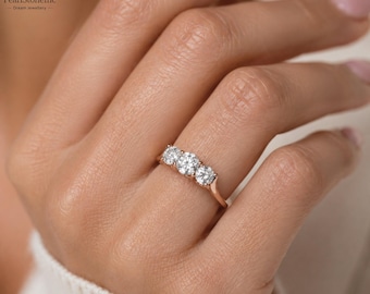 1.25 CT Round Lab Grown Diamond Trilogy Ring, Minimalist Gold Engagement Ring (IGI Certified)