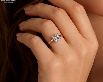 1 CT Princess Cut Lab Diamond Solitaire Ring, Minimalist Gold Wedding Band, IGI Certified