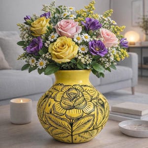 May include: A vibrant floral arrangement in a yellow vase. The bouquet features yellow roses, pink roses, purple flowers, and white daisies. The vase is yellow with a black floral design. A lit candle and a small bowl are on the table.