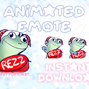 May include: Animated emote featuring a green cartoon frog with a white hat and red horns, holding a red button with the text "REZZ". The image includes the text "Animated Emote" and "Instant Download" in a playful font.