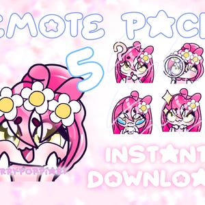 May include: Digital Emote Pack featuring a pink-haired anime-style character with daisy accents. The pack includes five different expressions, with the words "EMOTE PACK" and "INSTANT DOWNLOAD" in a light pink font.