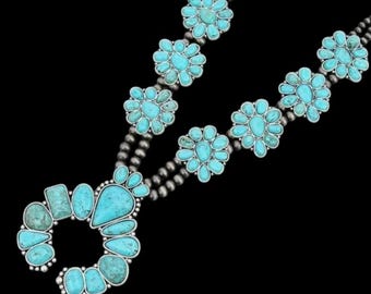 Full Squash Blossom Natural Turquoise Necklace