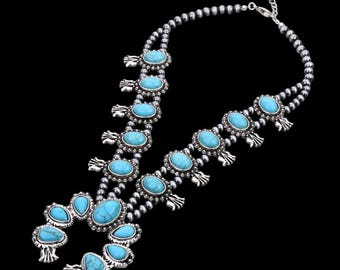 Squash Blossom Turquoise Necklace, Navajo Squash Blossom Necklace