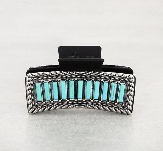 Western Turquoise Stone Hair Claw Clip - Burnished Silver 