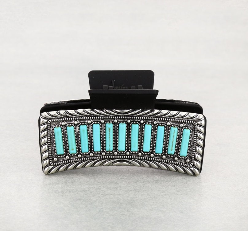 NEW Retro Western Bohemian Silver and Natural Turquoise Luxury Hair Claw Clip metal turquoise western hair claw clip - TikTok Shop main image 2