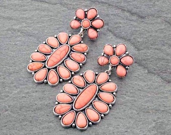 Turquoise Color Squash Blossom Earrings: Western Concho Stone Studs