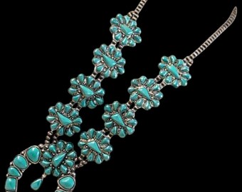 Full Squash Blossom Natural Turquoise Necklace