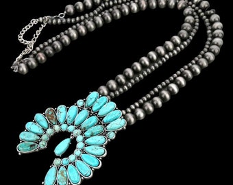 Full Squash Blossom Natural Turquoise Necklace