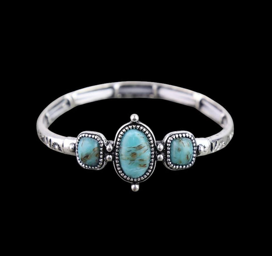 Western Aztec Turquoise Oval Hand Stone Stretch Bracelet - Etsy