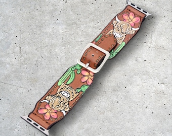 Western apple watch leather band 38/40/41mm Highland Cow Tooled