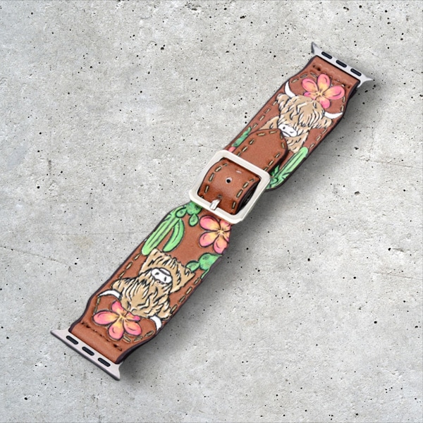 Leren Western Apple Watch-band 38/40/41 mm Highland Cow Tooled