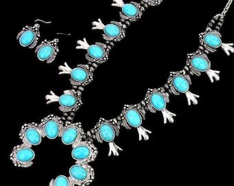 Turquoise Squash Blossom Necklace Set: Western Style Burnished Silver