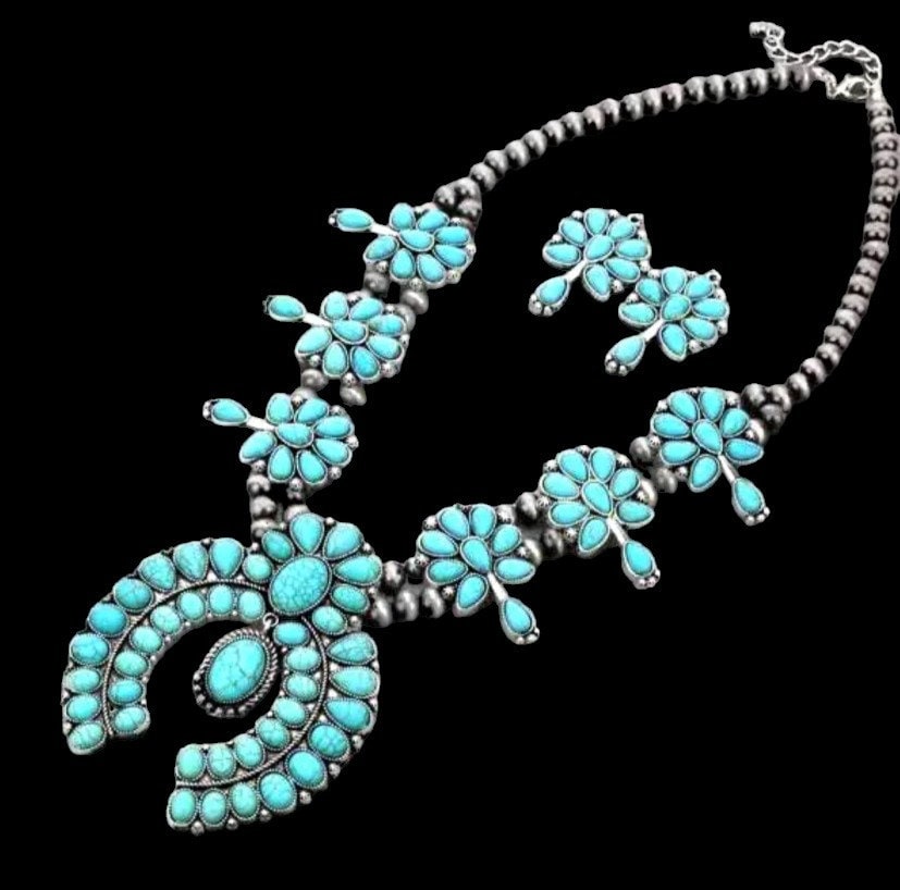スカッシュブロッサムターコイズネックレス、ナバホスカッシュ