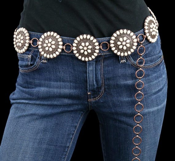 Western Concho Copper-tone Western Boho Statement Chain Concho Belt Sierra ” Western Concho Chain Belt ( White / Copper ) – Ale  main image 4
