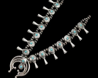 Squash Blossom Turquoise Necklace, Navajo Squash Blossom Necklace ,Squash Blossom Necklace Vintage, Turquoise Necklace