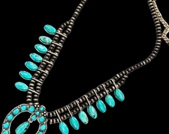 Full Squash Blossom Natural Turquoise Necklace