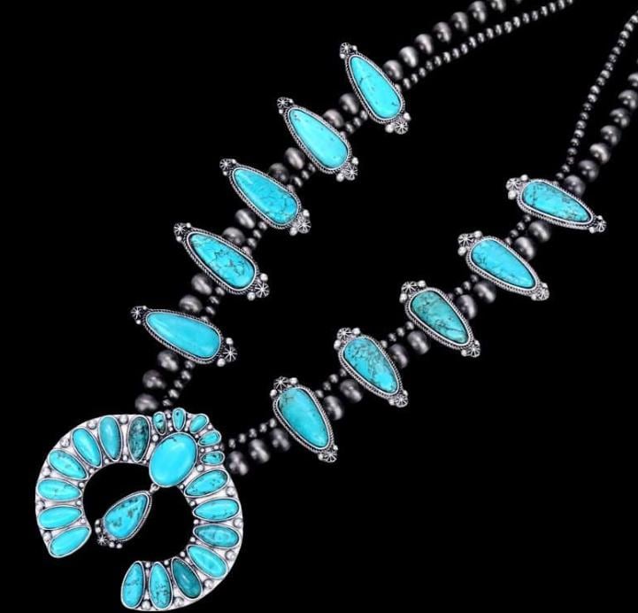 Full Squash Blossom Natural Turquoise Necklace