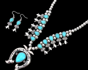 Squash Blossom Turquoise Necklace, Navajo Squash Blossom Necklace ,Squash Blossom Necklace Vintage, Turquoise Necklace