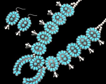 Collier fleur de courge turquoise, collier fleur de courge navajo, collier fleur de courge vintage, collier turquoise