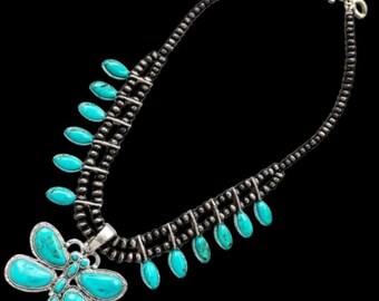 Full Squash Blossom Natural Turquoise Necklace