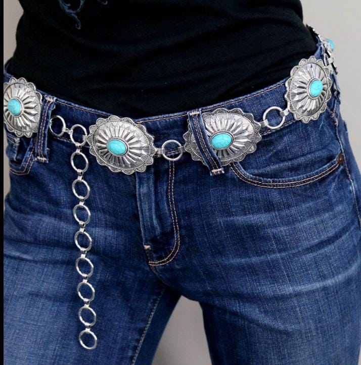 Womens Western Southwest Concho Silver-Tone Chain Faux Turquoise Belt Turquoise Concho Chain Belt for Western Cowgirls main image 4