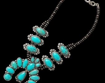 Full Squash Blossom Natural Turquoise Necklace