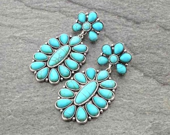 Turquoise squash blossom earrings,  turquoise earrings,  western earrings,  concho stone stud earrings,