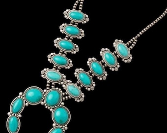 Full Squash Blossom Natural Turquoise Necklace