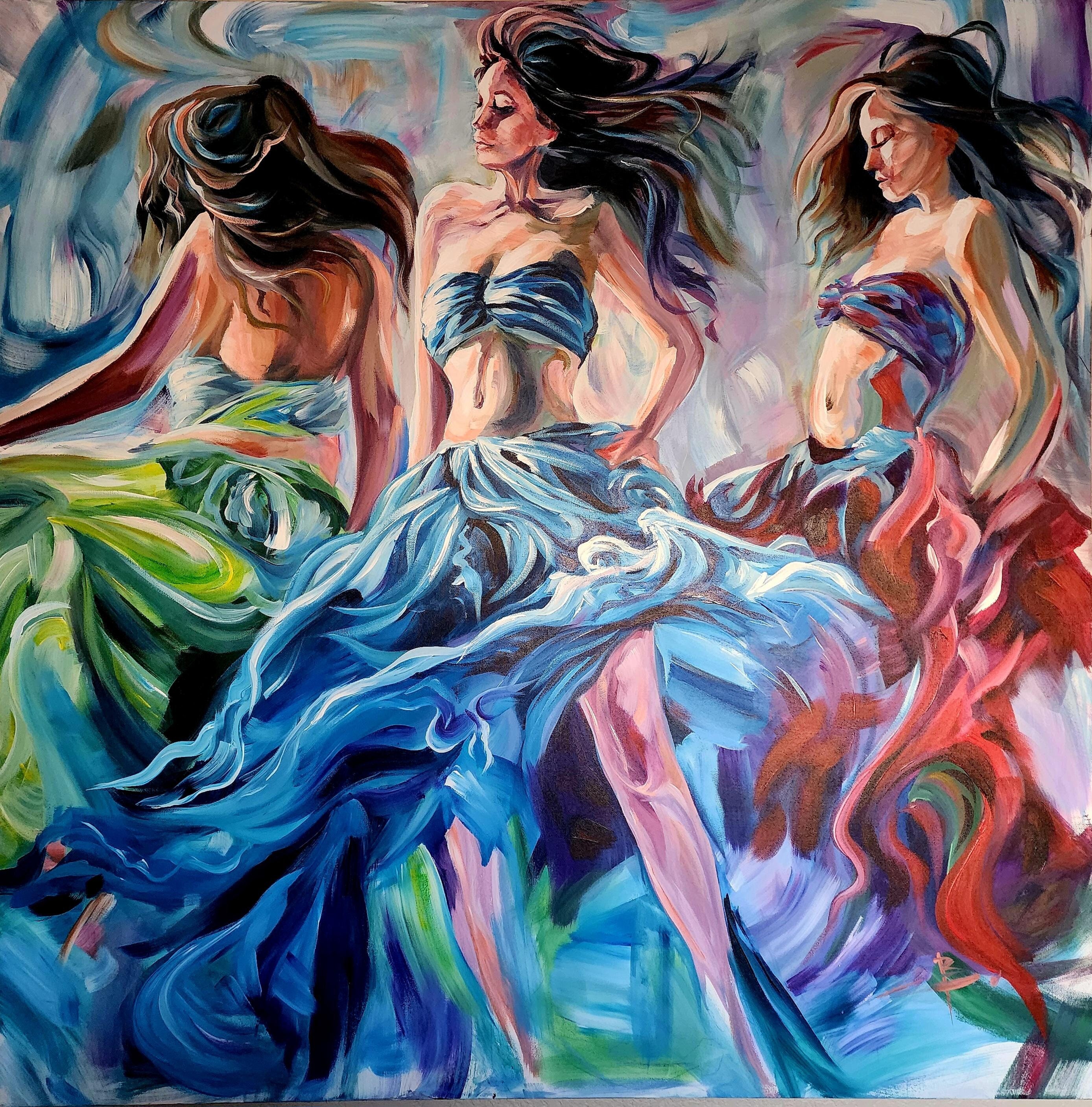 Large Acrylic Painting: Expressive Female Figures, Modern