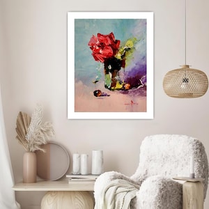 Abstract Floral Art Original Painting Red Flowers on Blue, Small Wall Decor Vibrant Floral Acrylic Painting Interior Decor Textured painting